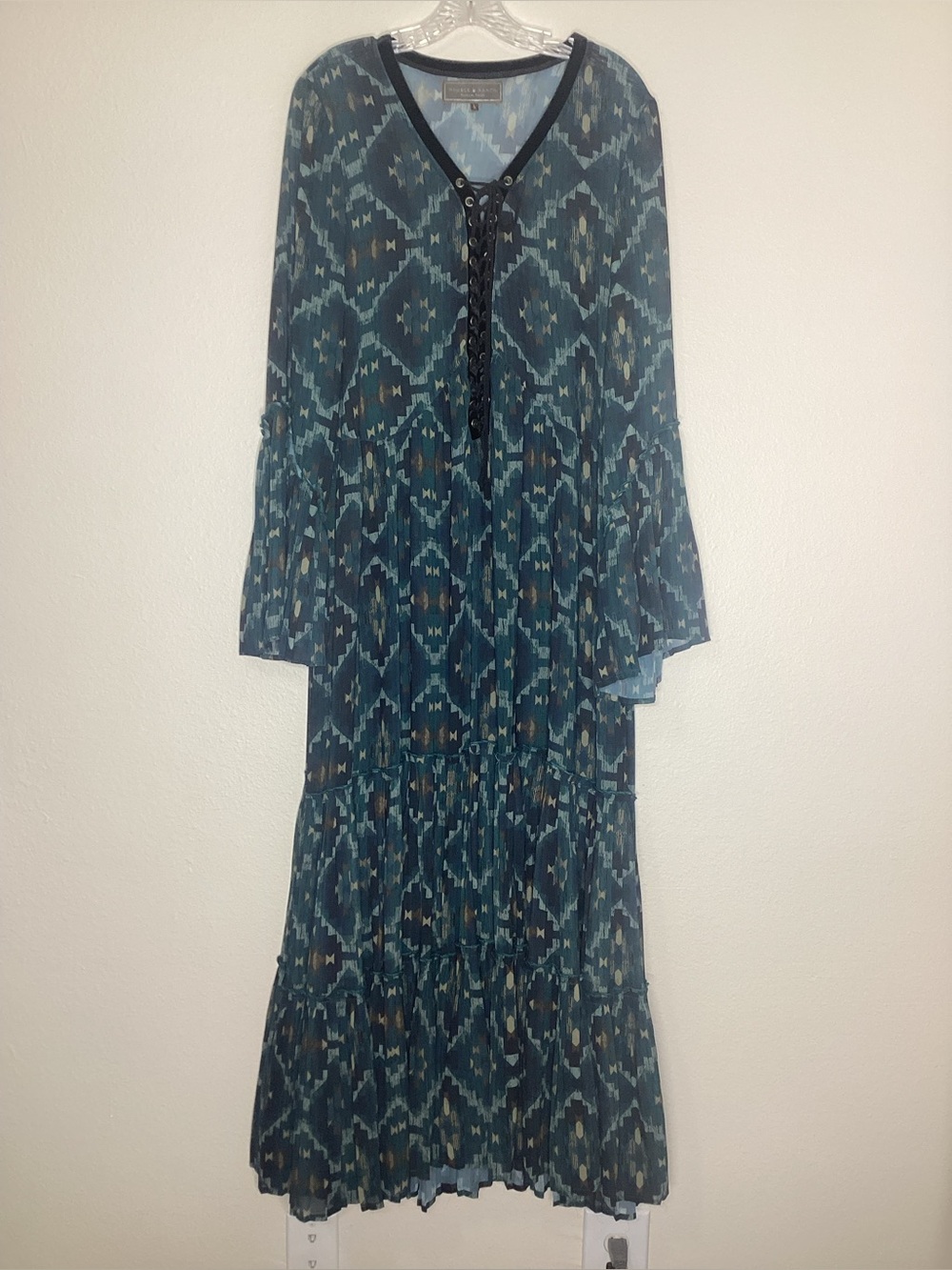 Double D Ranch Teal Aztec Print Maxi Dress Lace Up Front Bell Sleeves L